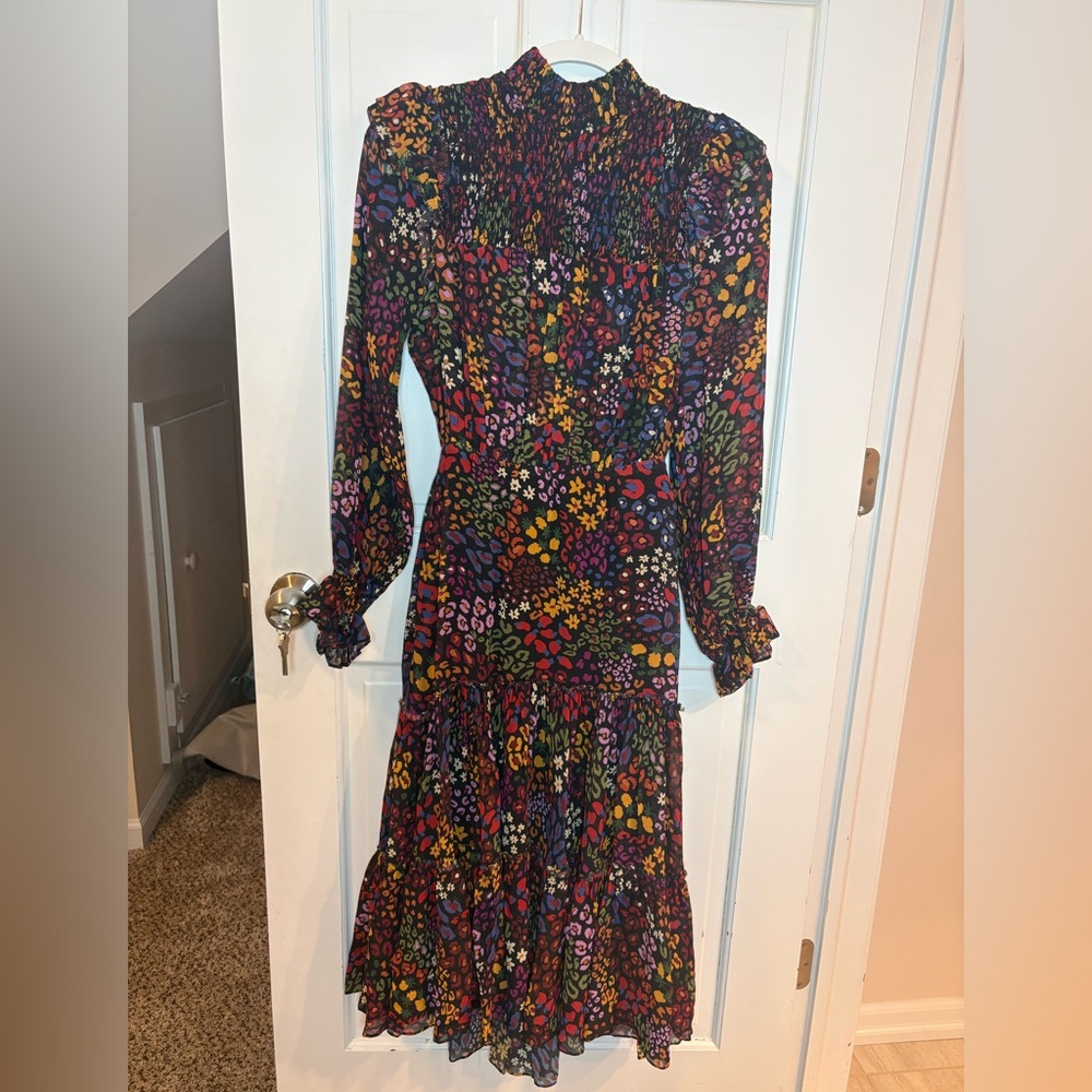 FARM Rio Black Multicolor Floral Smocked Long Sleeve Tiered Midi Dress NWT